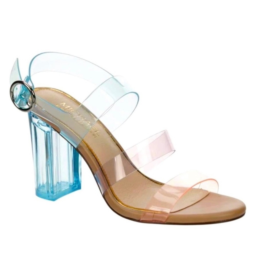 Michael Shannon Calliope Clear Block Heel Sandals Blue‎ Pink Vinyl Strappy 3.5"